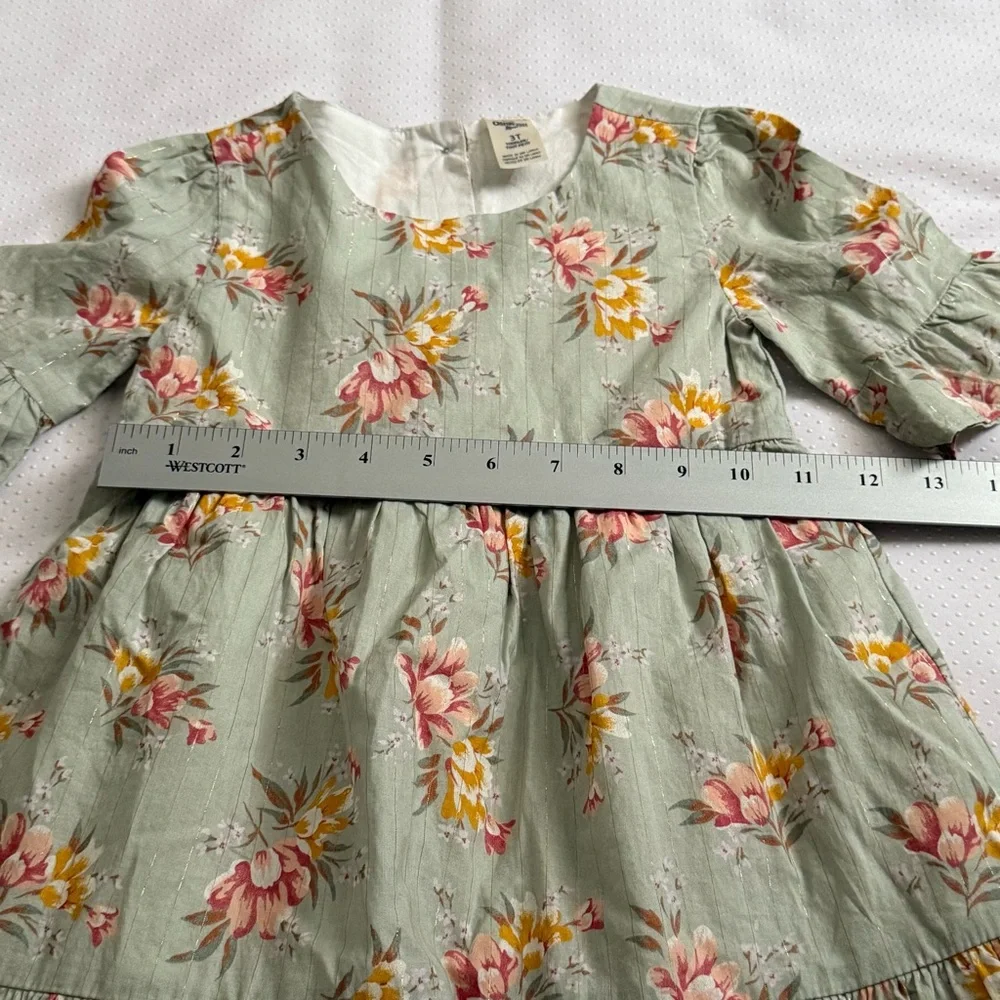 OshKosh B'gosh‎ Green Floral Kids Dress Size 3T Short Sleeve Double Layer